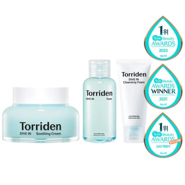 Torriden Dive In Low Molecular Hyaluronic acid Soothing Cream 100ML SET (Foam Cleansing 30ml + Toner 50ml)