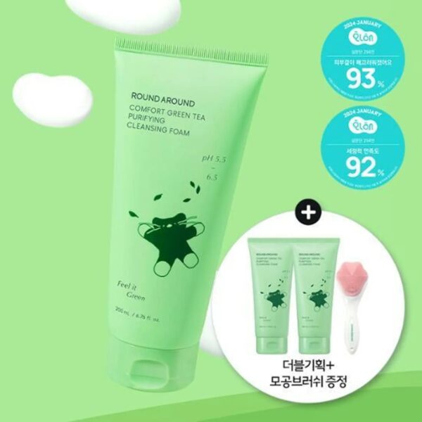 ROUND A'ROUND Comfort Green Tea Purifying Cleansing Foam 200mL(+200mL+Cat Jelly pore brush)