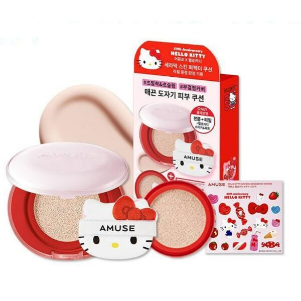 Hello kitty💖 AMUSE Ceramic Skin Perfector Cushion SPF40PA+ Set [#1.5 Natural](+Refill+sticker)