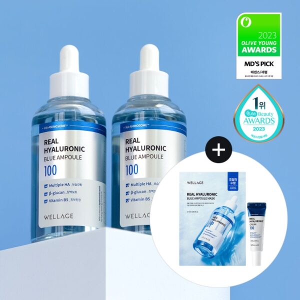 WELLAGE Real Hyaluronic Blue 100 Ampoule 75ml 1+1 Set (+Cream 10ml+Mask Sheet 1ea)